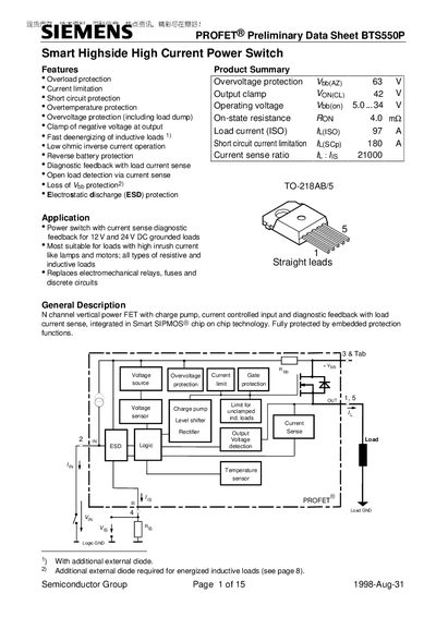 Siemens BTS550P Preliminary Data Sheet - cover page