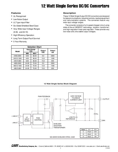 Calex 12 Watt Single Series DC/DC Converters Datasheet - cover page