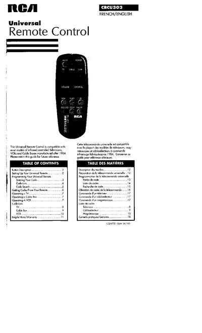 RCA CRCU303 Universal Remote Control User Manual - cover page