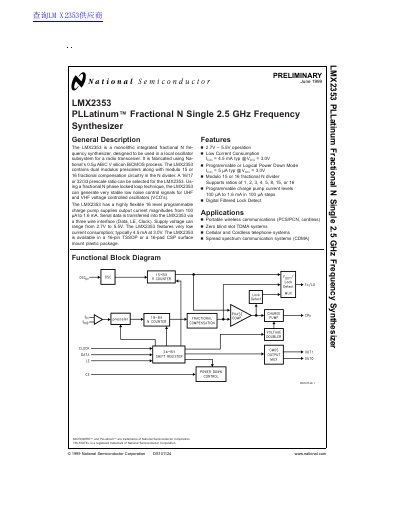 National Semiconductor LMX2353 PLLatinum Fractional N Frequency Synthesizer Datasheet - cover page