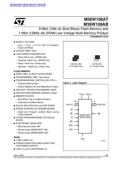 STMicroelectronics M36W108AT/M36W108AB 8Mbit Flash Memory Datasheet - cover page