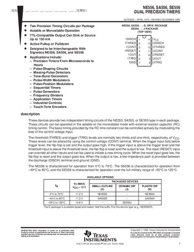 Texas Instruments NE556/SA556/SE556 Dual Precision Timers Datasheet