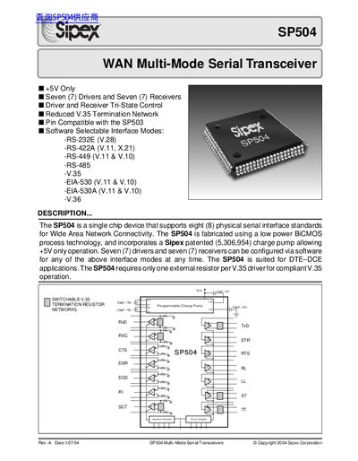 Sipex SP504 WAN Multi-Mode Serial Transceiver Datasheet - cover page