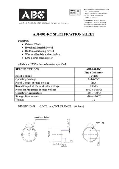 Alan Butcher Components ABI-001-RC Specification Sheet - cover page