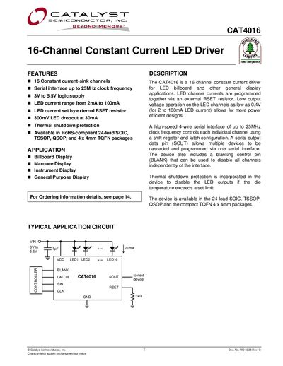 Catalyst CAT4016 16-Channel Constant Current LED Driver Datasheet