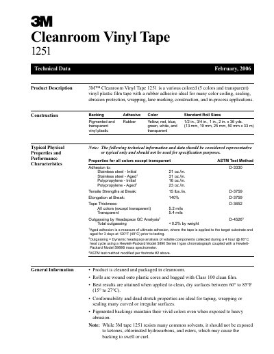 3M 1251 Cleanroom Vinyl Tape Technical Data Sheet - cover page