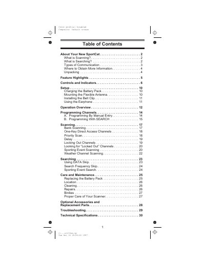 Uniden SC150 SportCat Twin Turbo Sports Scanner Operating Guide - cover page