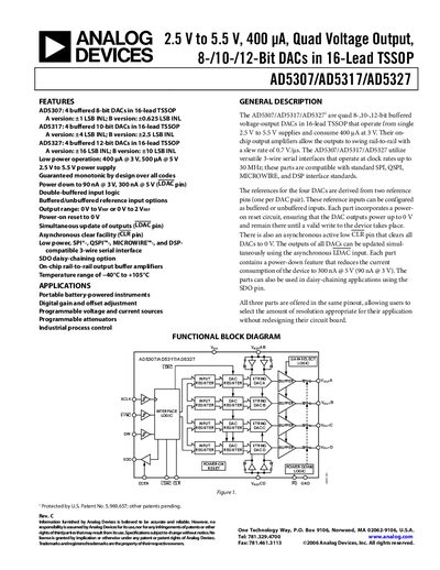ANALOG DEVICES 2.5 V to 5.5 V 400 A Quad Voltage Output 8-/10-/12-Bit DACs in 16-Lead TSSOP AD5307/AD5317/AD5327 handbook - cover page