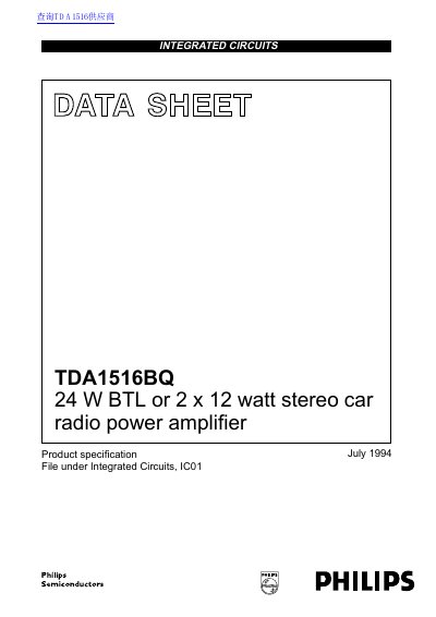 Philips TDA1516BQ 24 W BTL Stereo Car Radio Power Amplifier Datasheet - cover page