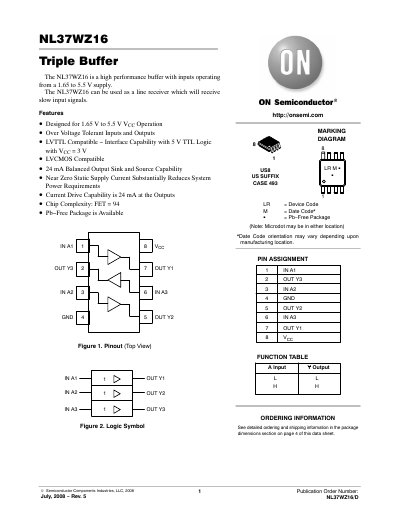 ON Semiconductor NL37WZ16 Triple Buffer Datasheet - cover page