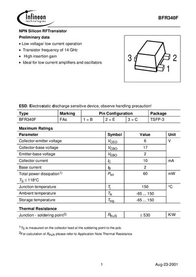 Infineon BFR340F NPN Silicon RF Transistor Datasheet - cover page