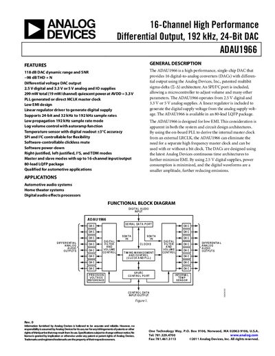 Analog Devices ADAU1966 16‑Channel DAC Datasheet - cover page