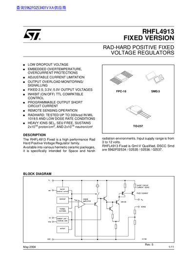STMicroelectronics RHFL4913 Fixed Version Rad-Hard Voltage Regulator Datasheet - cover page