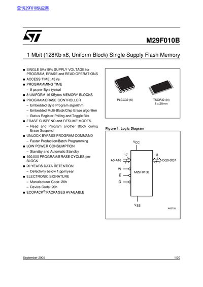STMicroelectronics M29F010B Flash Memory Datasheet - cover page