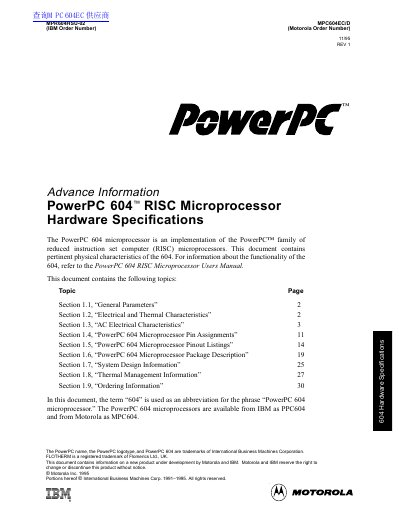 Motorola MPC604EC/D PowerPC 604 Microprocessor Hardware Specifications Datasheet - cover page