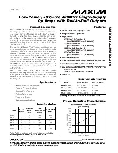 Maxim MAX4414-MAX4419 Low-Power +3V/+5V 400MHz Single‑Supply Op Amp Datasheet - cover page