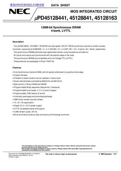 NEC uPD45128441/45128841/45128163 128M-bit Synchronous DRAM Datasheet - cover page