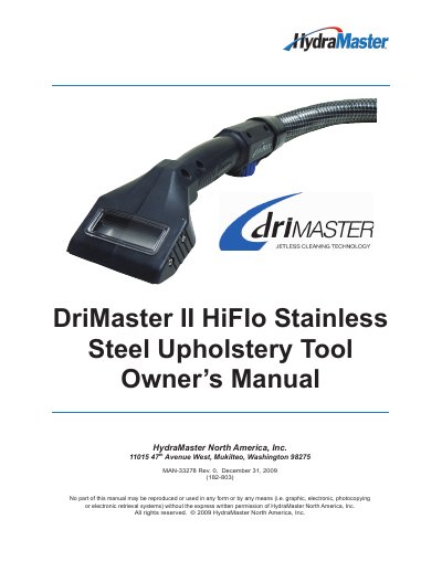 HydraMaster DriMaster II HiFlo Stainless Steel Upholstery Tool Owner's Manual - cover page
