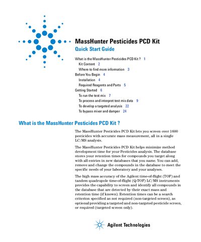 Agilent MassHunter Pesticides PCD Kit Quick Start Guide - cover page