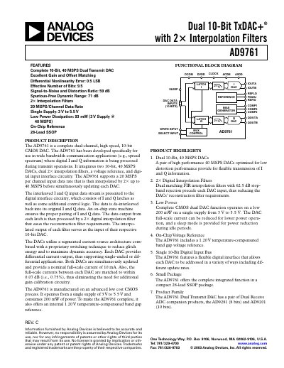 Analog Devices AD9761 Dual 10‑Bit TxDAC+ Datasheet - cover page