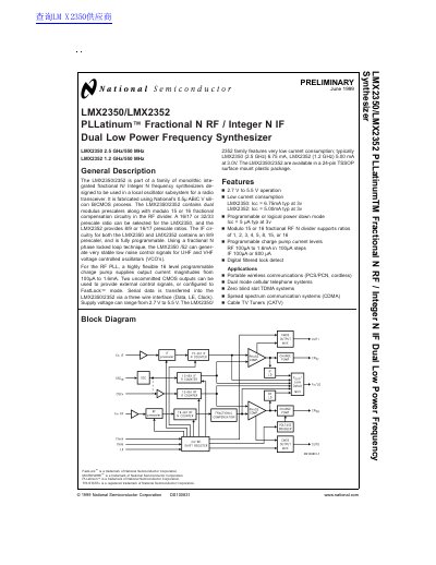 National Semiconductor LMX2350/LMX2352 PLLatinum Fractional N RF / Integer N IF Dual Low Power Frequency Synthesizer Dat - cover page