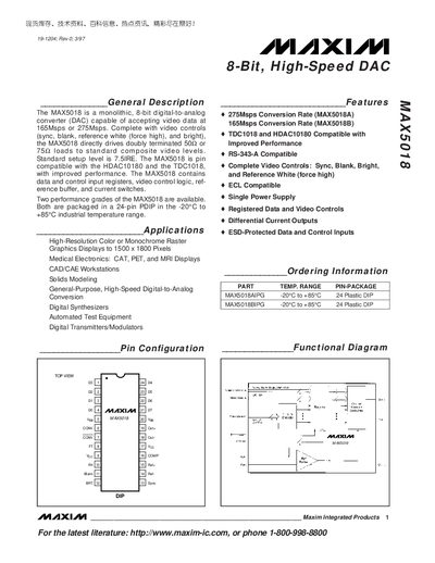 Maxim MAX5018 8‑Bit High‑Speed DAC Datasheet - cover page