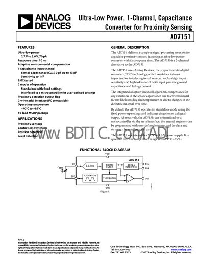 Analog Devices AD7151 Capacitive Proximity Sensor Datasheet - cover page