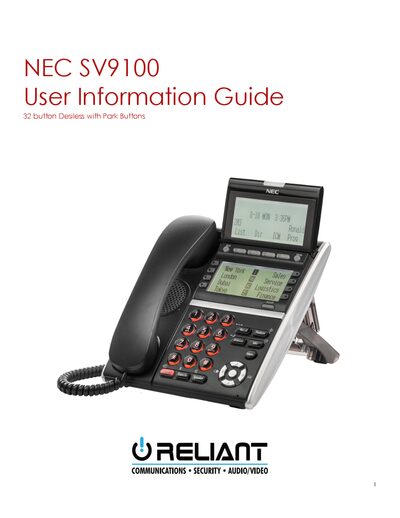 NEC SV9100 Telephone User Information Guide - cover page