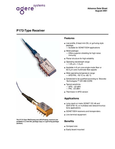 Agere P172-Type Receiver Advance Data Sheet - cover page