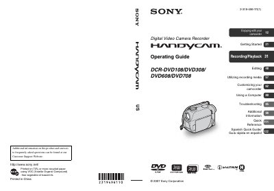 Sony DCR-DVD108/DVD308/DVD608/DVD708 Digital Video Camera Recorder Operating Guide