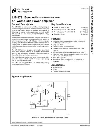 National Semiconductor LM4879 1.1 W Audio Power Amplifier Datasheet - cover page