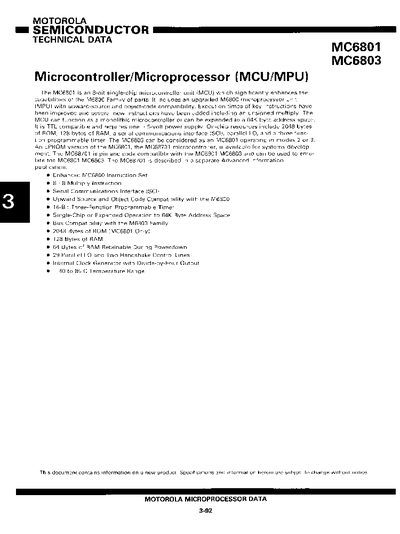 Motorola MC6801/MC6803 Microcontroller Technical Data - cover page