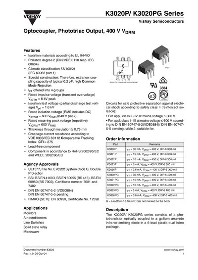Vishay K3020P/K3020PG Series Optocoupler Datasheet - cover page