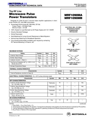 Motorola MRF1090MA/MB Microwave Pulse Power Transistors Datasheet - cover page