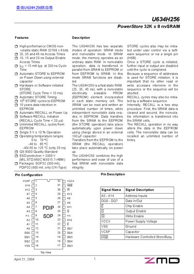 ZMD U634H256 PowerStore 32K x 8 nvSRAM Datasheet - cover page