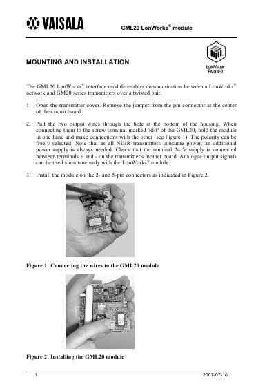 Vaisala GML20 LonWorks Module Installation Guide - cover page