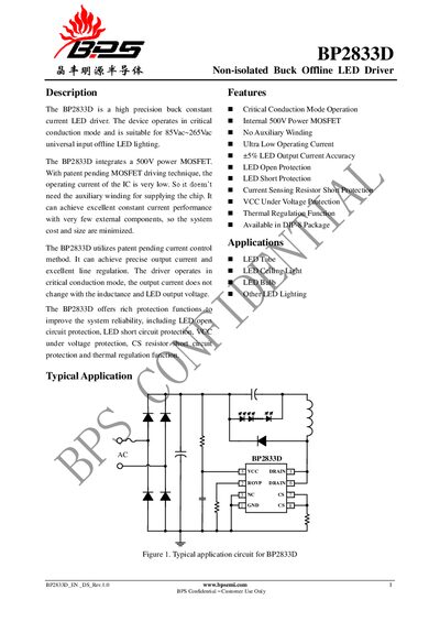 BPsemi BP2833D Non-isolated Buck Offline LED Driver Datasheet - cover page