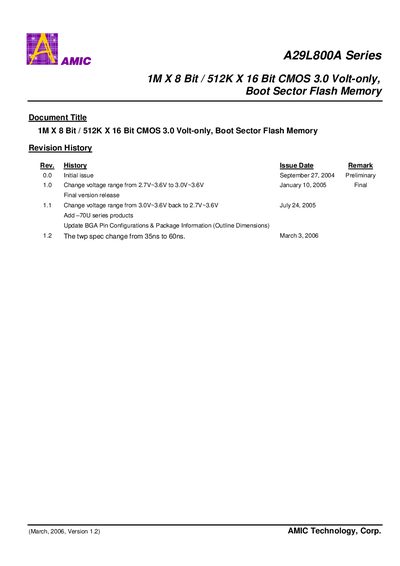 AMIC A29L800A Series 1M x 8 Bit Boot Sector Flash Memory Datasheet - cover page