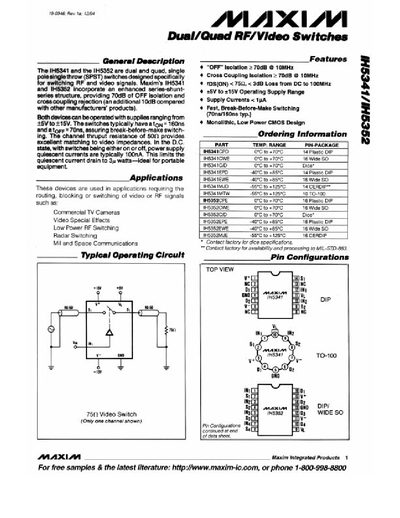 Maxim IH5341/IH5352 Dual/Quad RF/Video Switches Datasheet - cover page