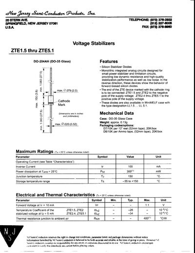 N.I Semiconductor ZTE1.5‑ZTE5.1 Voltage Stabilizers Datasheet - cover page
