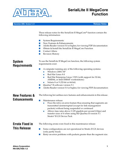 Altera SerialLite II MegaCore Function Release Notes - cover page