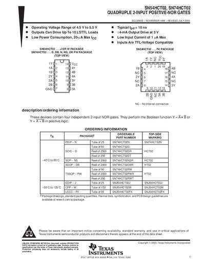 Texas Instruments SN54HCT02 / SN74HCT02 Quadruple 2-Input Positive-NOR Gate Datasheet - cover page