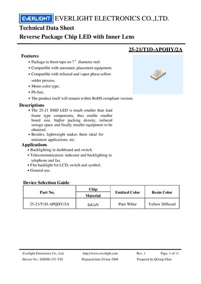 EVERLIGHT ELECTRONICS CO. LTD Technical Data Sheet Reverse Package Chip LED with Inner Lens 25-21/T1D-APQHY/2A  - cover page