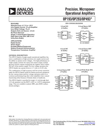 Analog Devices OP193/OP293/OP493 Operational Amplifier Handbook - cover page