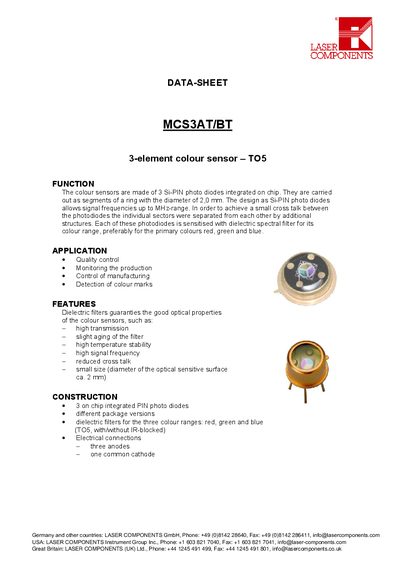 Laser Components MCS3AT/BT 3-Element Colour Sensor Data Sheet - cover page