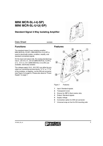 Phoenix Contact MINI MCR-SL-I-I(-SP) & MINI MCR-SL-U-U(-SP) Datasheet - cover page