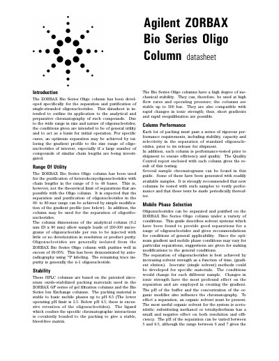 Agilent ZORBAX Bio Series OligoColumn Datasheet - cover page