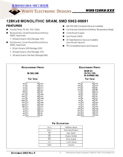 WHITE ELECTRONIC DESIGNS WMS128K8-XXX 128Kx8 MONOLITHIC SRAM SMD 5962-96691 - cover page