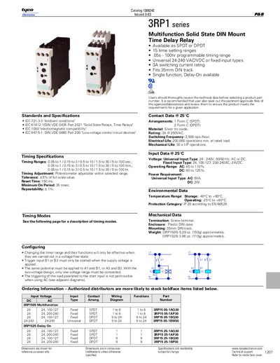 Tyco 3RP1 Series Multifunction Solid State DIN Mount Time Delay Relay Catalog - cover page