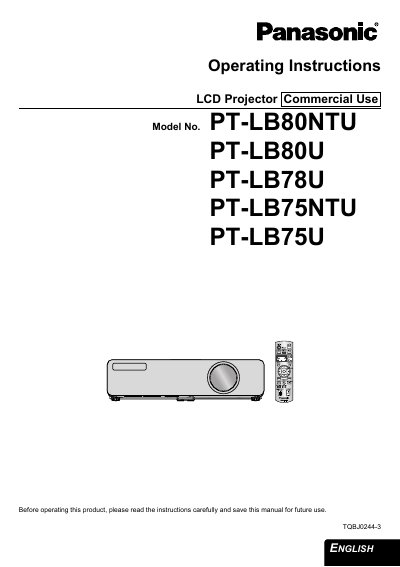 Panasonic PT-LB80NTU/PT-LB80U/PT-LB78U/PT-LB75NTU/PT-LB75U LCD Projector Operating Instructions - cover page